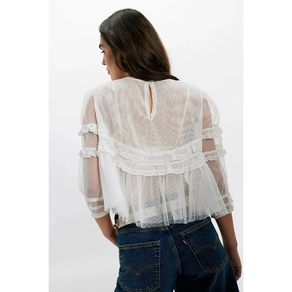 Free People Daisy Daze Blouse Top Ruffle Embroidered Lace Sheer Sequin XS 289937